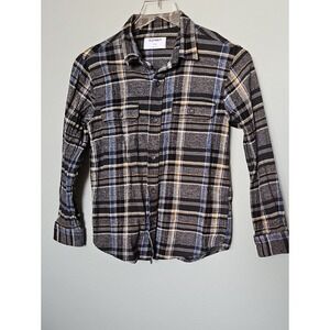 Old Navy Boys Large Plaid Flannel Button Down Shirt Gray Blue Yellow Cotton